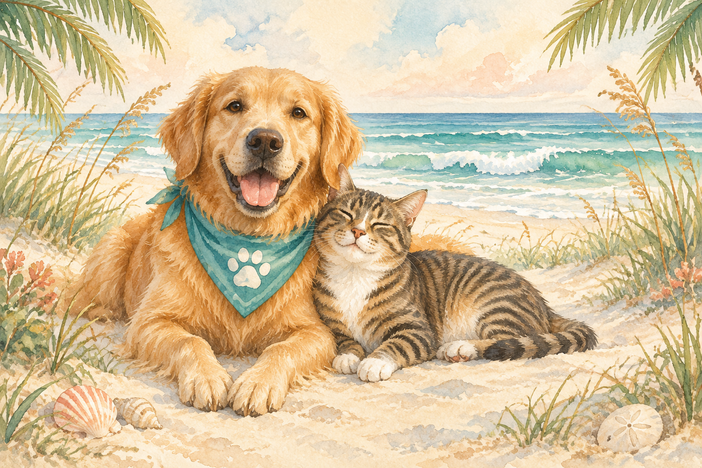 Watercolor illustration of a golden retriever in a teal bandana and a tabby cat relaxing on a sunny Sarasota beach